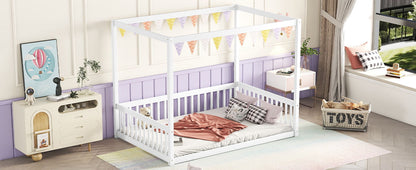 Full Size Canopy Frame Floor Bed With Fence, Guardrails - White