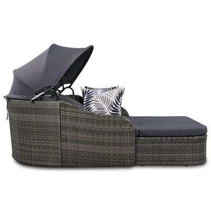 Outdoor Sunbed With Adjustable Canopy, Double Lounge, PE Rattan Daybed Wicker And Cushion - Gray