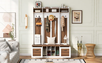 5 In 1 Entryway Bench With Coat Rack, 7 Sturdy Hooks, 2 Spacious Drawers And Adjustable Shelves, Wide Hall Tree With Metal Handles For Hallway - Brown / White