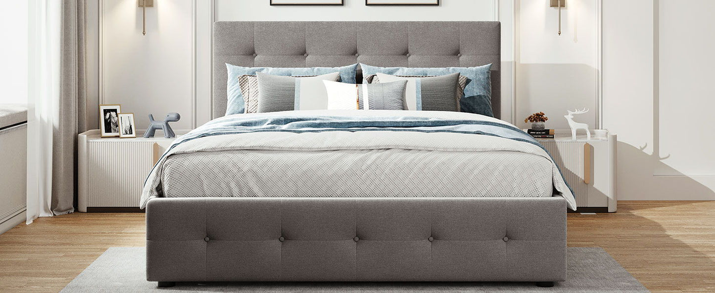 Queen Size Upholstered Platform Bed With 2 Drawers And 1 Twin Long Trundle - Light Gray