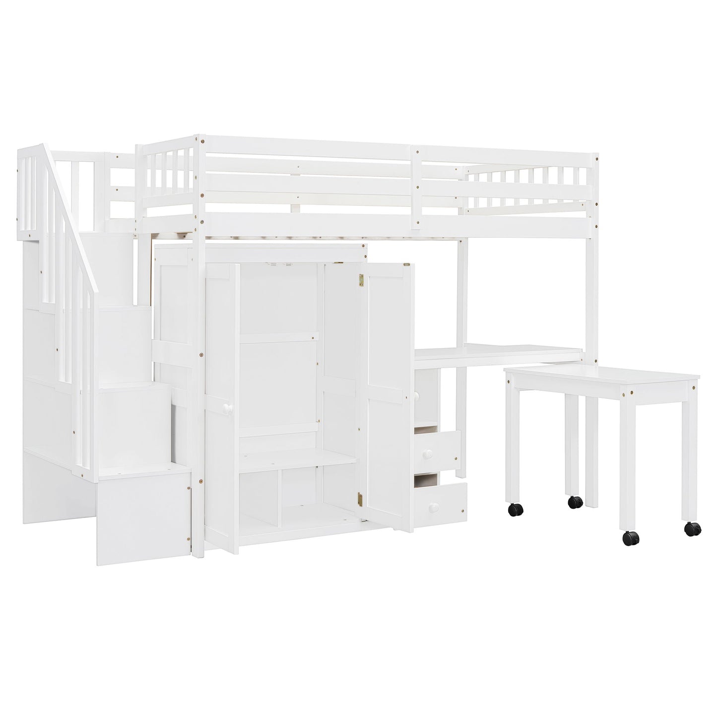 Twin Size Loft Bed With Stairs, Bookshelf, Drawers, Desk & Wardrobe, Space Saving Multifunctional Furniture - White