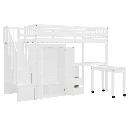 Twin Size Loft Bed With Stairs, Bookshelf, Drawers, Desk & Wardrobe, Space Saving Multifunctional Furniture - White