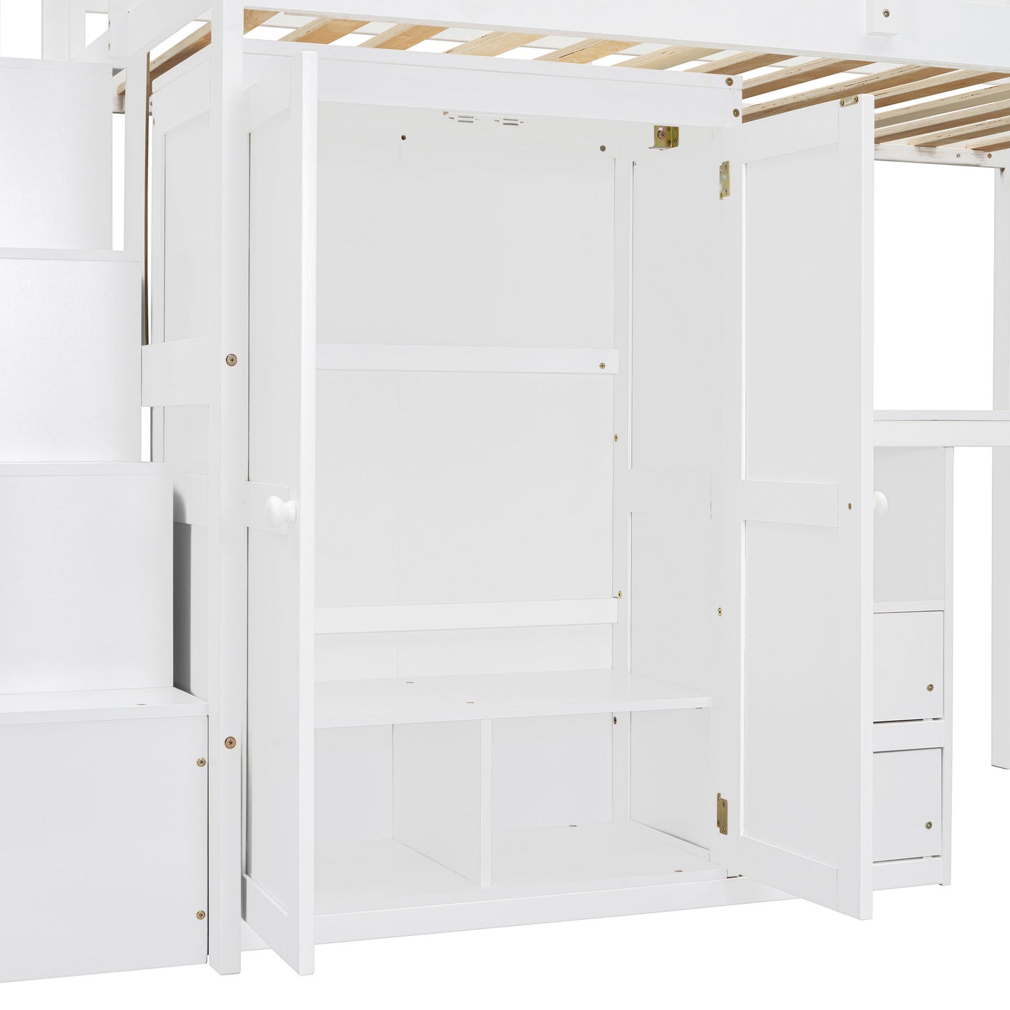 Twin Size Loft Bed With Stairs, Bookshelf, Drawers, Desk & Wardrobe, Space Saving Multifunctional Furniture - White