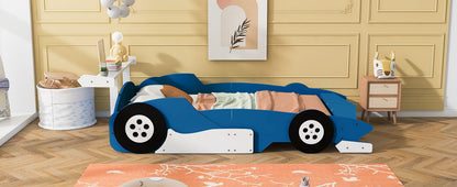 Full Size Race Car Shaped Platform Bed With Wheels - Blue