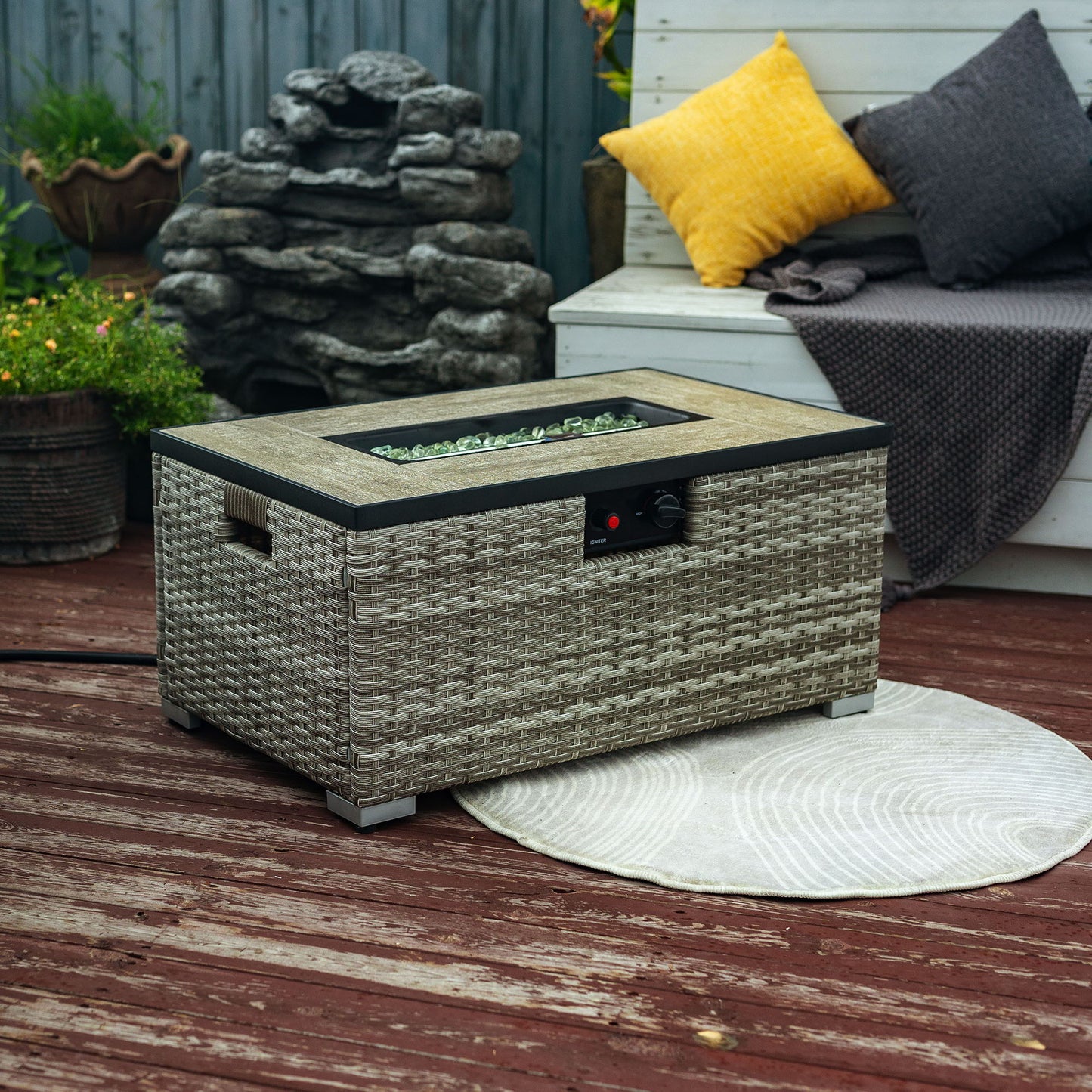 32" Propane Gas Fire Pit Table With Propane Tank Cover, 50000 Btu Rectangular Steel Fire Pit With Beautiful Wicker Base For Outside Garden - Beige