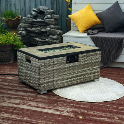 32" Propane Gas Fire Pit Table With Propane Tank Cover, 50000 Btu Rectangular Steel Fire Pit With Beautiful Wicker Base For Outside Garden - Beige