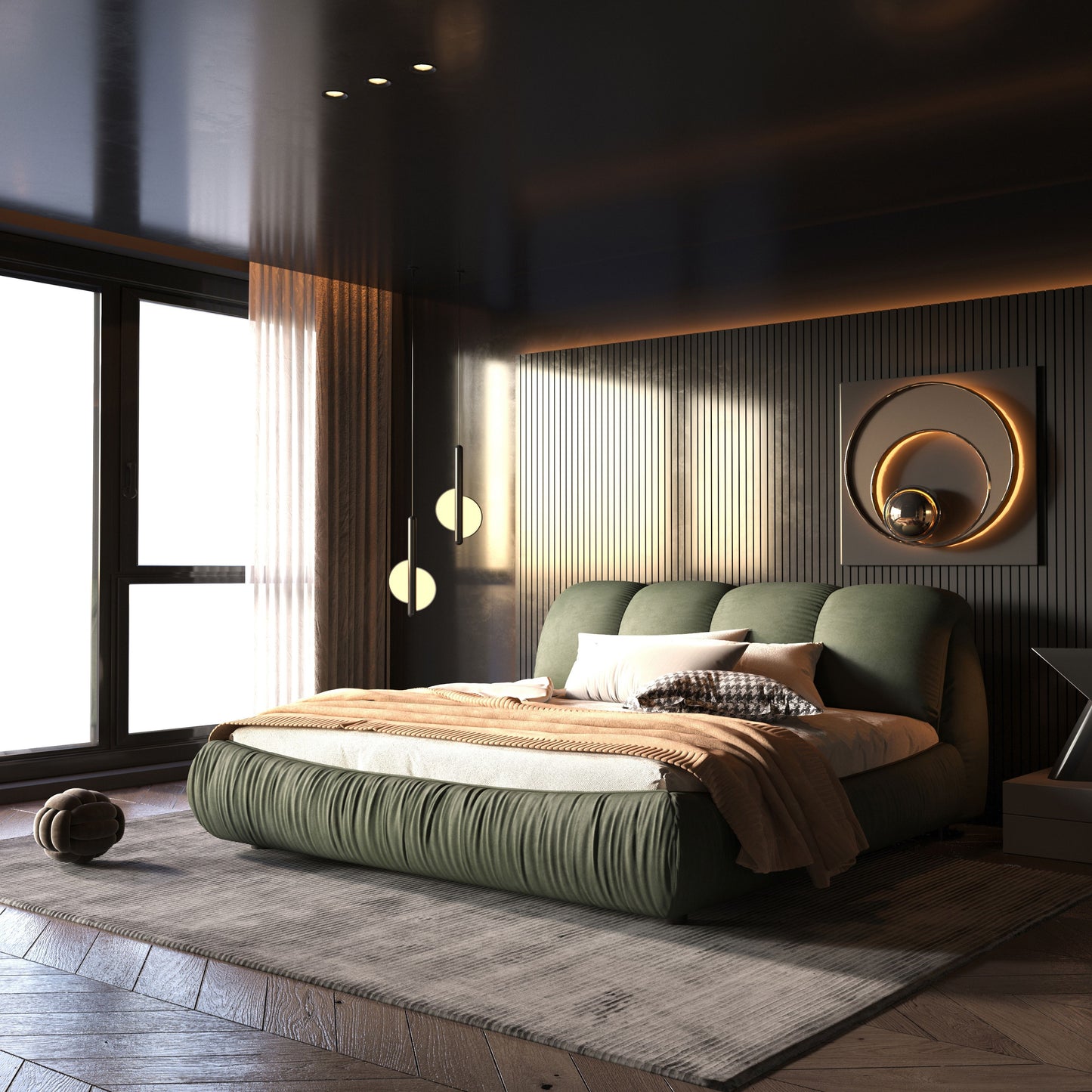 Queen Size Luxury Upholstered Platform Bed With Oversized Padded Backrest And Solid Wood Frame, Suitable For Multiple Heights Of Mattresses - Green