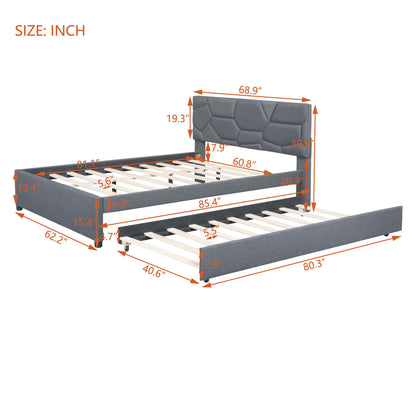 Queen Size Upholstered Platform Bed With Brick Pattern Headboard And Twin Long Size Trundle - Gray