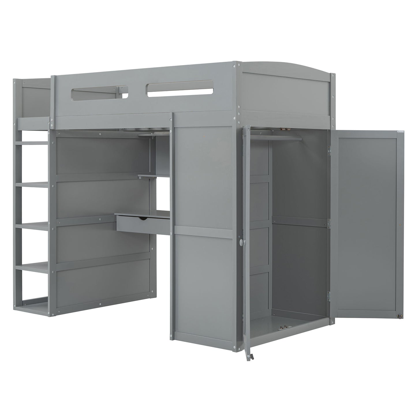 Twin Size Loft Bed With Desk, Wardrobes, 4 Drawers And 4 Shelves Construction - Gray