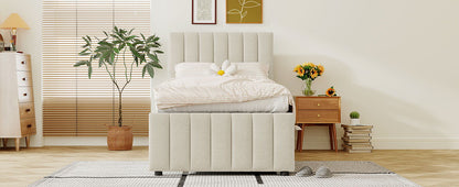 Twin Size Upholstered Platform Bed With Trundle And 3 Drawers - Beige