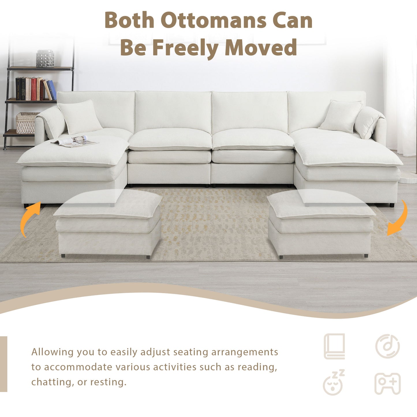 Chenille Modular Sectional Sofa, U Shaped Cloud Couch Set With Double Cushions, 6 Seat Sleeper Sofa Bed With Ottomans, Oversized Indoor Furniture - Cream