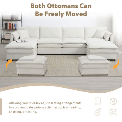 Chenille Modular Sectional Sofa, U Shaped Cloud Couch Set With Double Cushions, 6 Seat Sleeper Sofa Bed With Ottomans, Oversized Indoor Furniture - Cream
