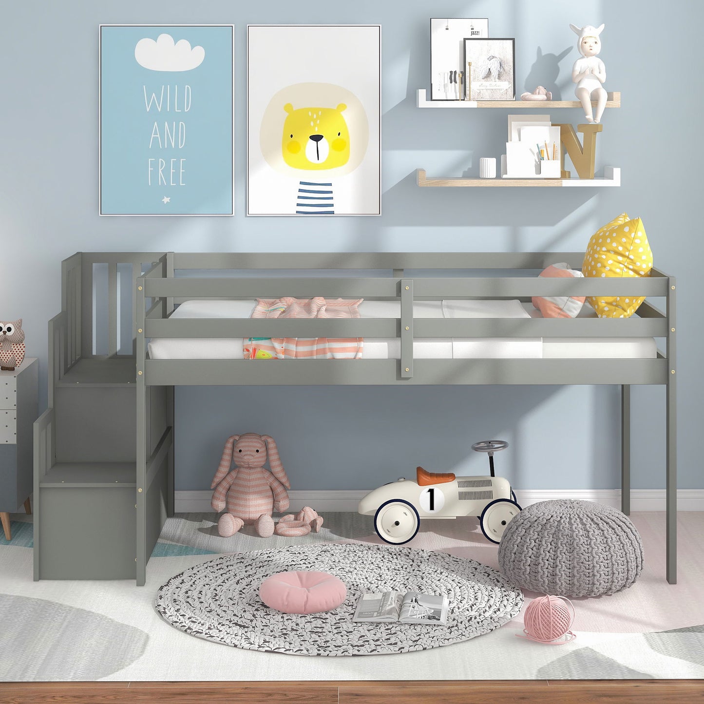 Loft Bed With Staircase - Gray
