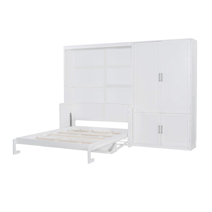 Queen Size Murphy Wall Bed With Closet, Space Saving Design - White