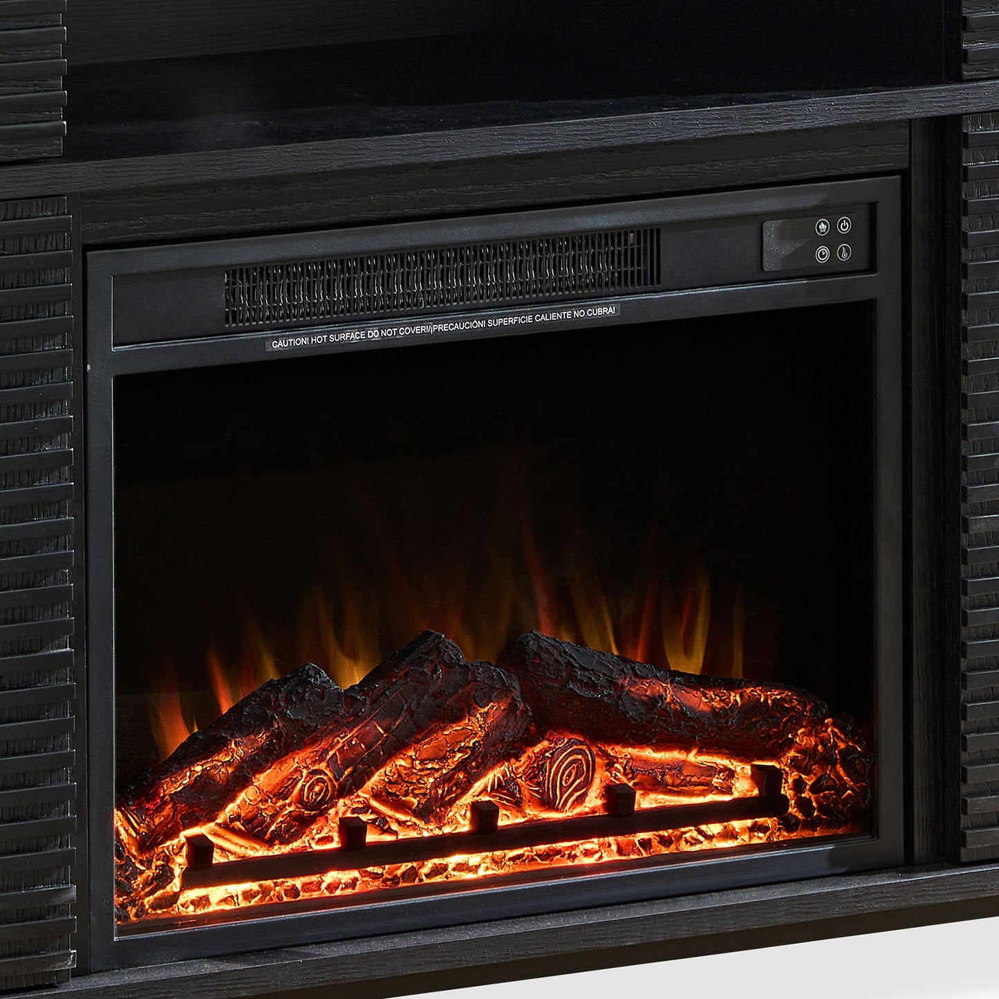 Modern Wood Cabinet With Adjustable Shelves And Embedded Fireplace With Remote Control - Black Oak