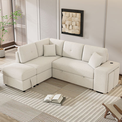 Convertible Sleeper, Sectional Pull Out Sofa Bed With Storage Ottoman, 2 Throw Pillows, 2 Stools, Wireless Charger And Two Hidden USB Ports For Living Room - Cream