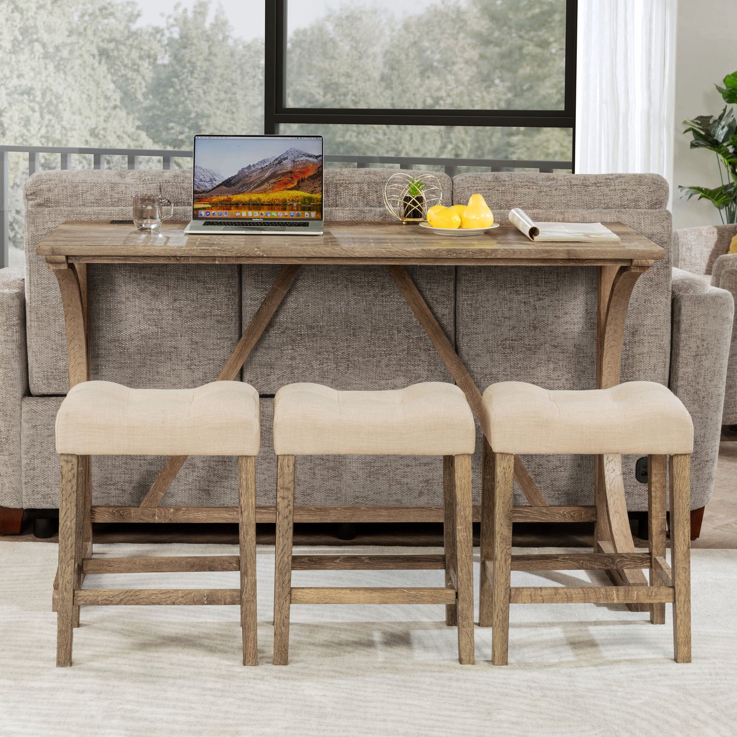 4 Piece Bar Table Set With Power Outlet, Dining Bar Table And Chairs Set, Bar Table Set With 3 Padded Stools For Living Room, Dining Room, Game Room - Brown