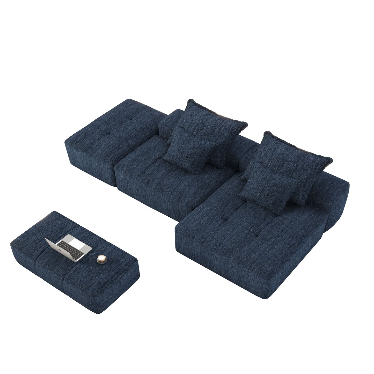 Modern Oversized Modular Sectional Sofa With Ottoman, Seat, Chaise Lounge And Armrest, Sparkling Chenille Fabric Soft Cushion Sofa With 4 Pillows, 4 Pieces Diy Combination Tufted Sofa, No Assembly Required - Blue