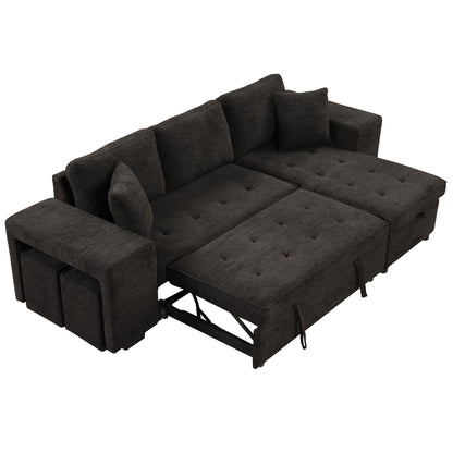 Modern L-Shape 3 Seat Reversible Sectional Couch, Pull Out Sleeper Sofa With Storage Chaise And 2 Stools For Living Room Furniture Set - Charcoal Gray