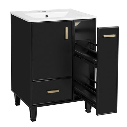 Modern Solid Wood And 24" Bathroom Vanity With Sink, Deep Drawer, Door Shelf, 2 Tier Basket - Black