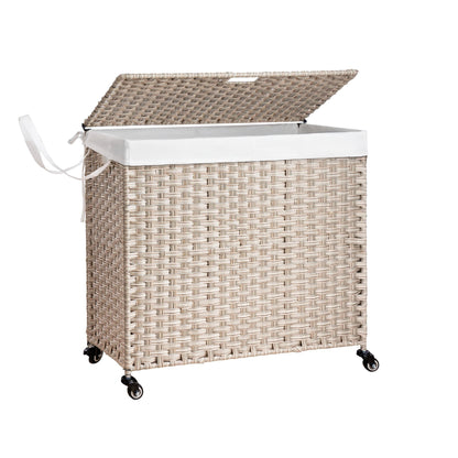 Laundry Hamper With Lid PE Rattan Powder Coating Frame Clothes Hampers With 2 Removable Bags, Wheels, 160L - Gray