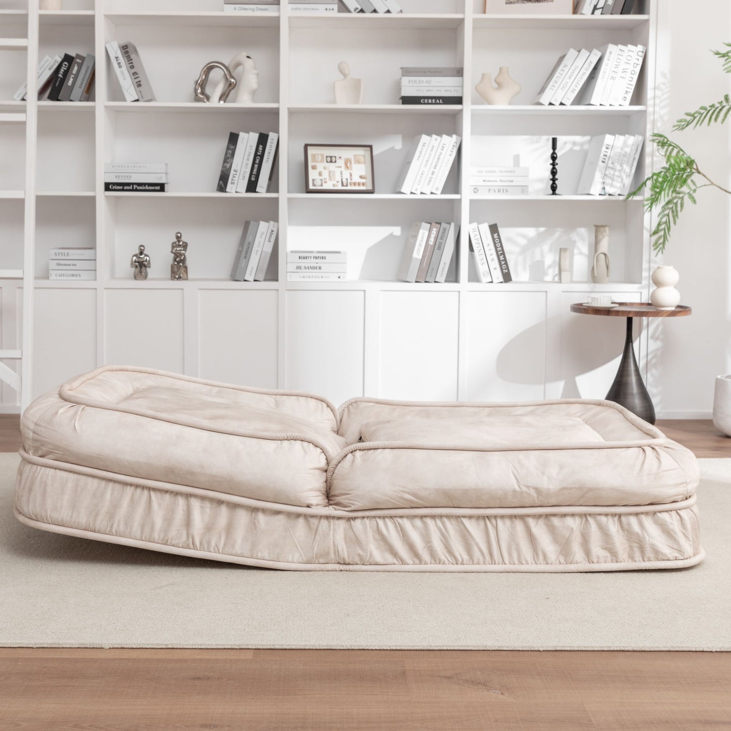 Upholstered Human Dog Bed And Pets Bean Bag Floor Sofa With Massage Pillow, 5 Adjustable Positions & 2 Soft Pillows, Velvet With Foam And Iron Plastic Frame - Beige