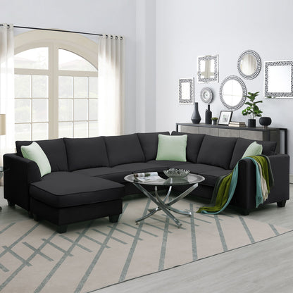 Sectional Sofa Couches Living Room Sets, 7 Seats Modular Sectional Sofa With Ottoman, L Shape Fabric Sofa Corner Couch Set With 3 Pillows - Black