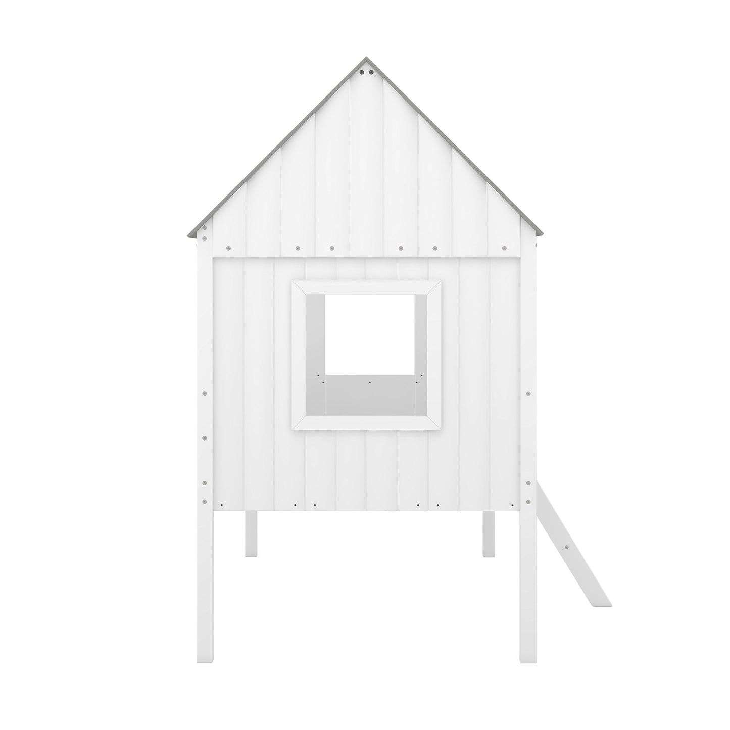 Twin Size Low Loft House Bed With Two Side Windows - White / Gray