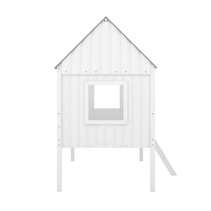 Twin Size Low Loft House Bed With Two Side Windows - White / Gray