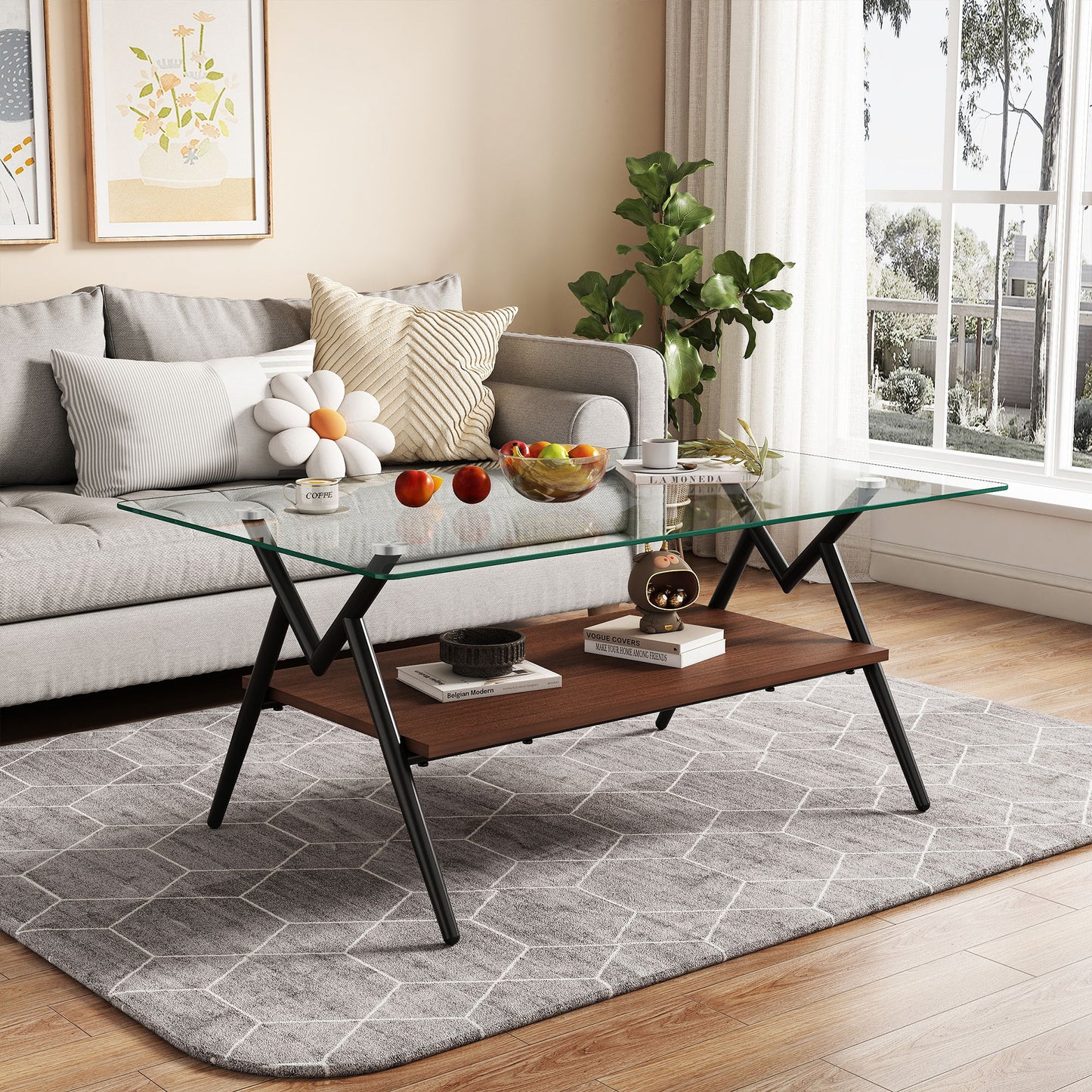 Rectangle Coffee Table With Tempered Glass Top And Metal Legs, Modern Table For Living Room, Transparent Glass - Dark Brown