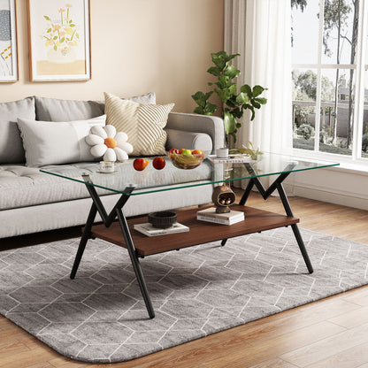 Rectangle Coffee Table With Tempered Glass Top And Metal Legs, Modern Table For Living Room, Transparent Glass - Dark Brown