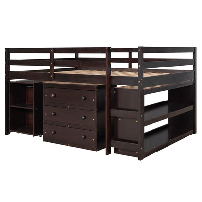 Full Loft Low Study Bed With Cabinet, Shelves And Rolling Portable Desk, Multiple Functions - Espresso