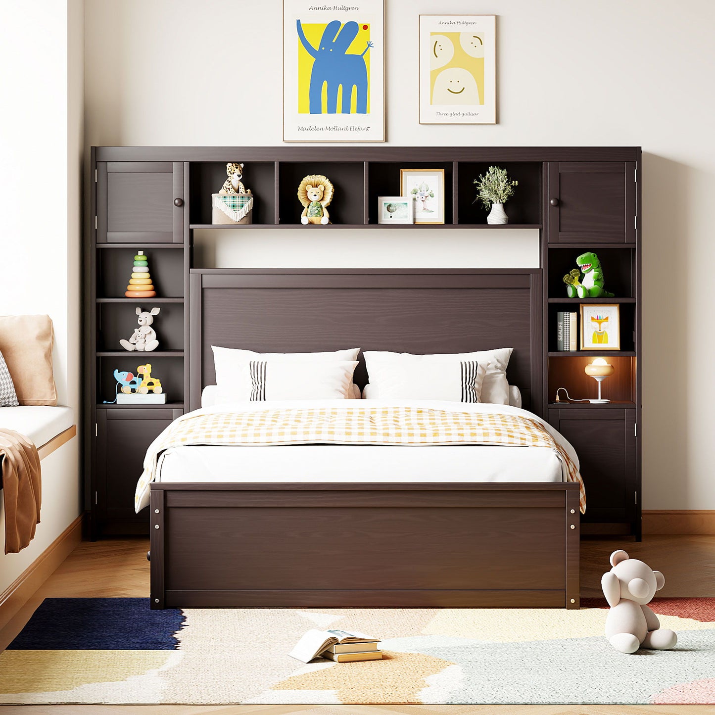 Full Size Bed With All In One Cabinet, Shelf And Sockets, Twin Size Trundle - Espresso