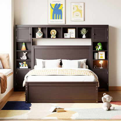 Full Size Bed With All In One Cabinet, Shelf And Sockets, Twin Size Trundle - Espresso