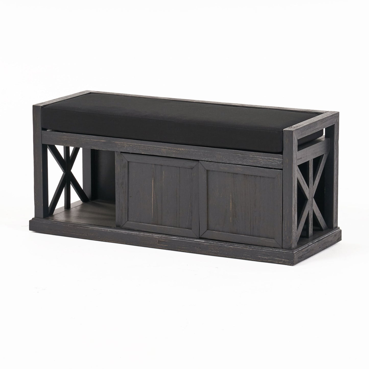 Wood Bench With 2 Open Shelves And Water Resistant Cushion - Dark Gray