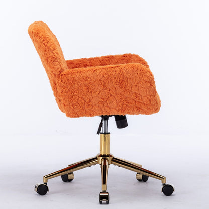 Office Chair, Artificial Rabbit Hair Home Office Chair With Golden Metal Base, Adjustable Desk Chair Swivel Office Chair, Vanity Chair - Orange
