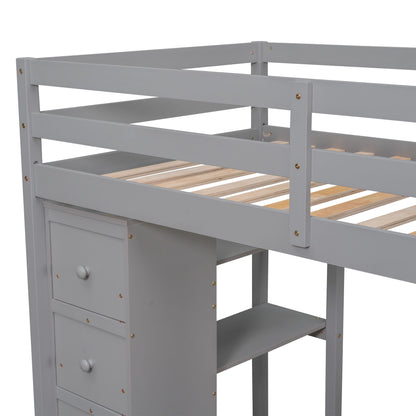 Twin Size Loft Bed With Storage Drawers, Desk And Stairs With Shelves - Gray