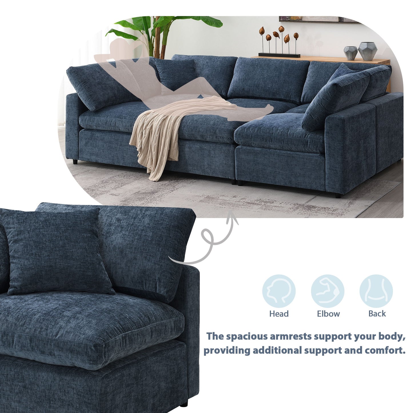 Modern Modular Cloud Sofa Bed, 6 Seat Chenille Sectional Couch Set With Ottoman, Free Combination, Convertible U Shaped Sleeper Sofa - Dark Blue