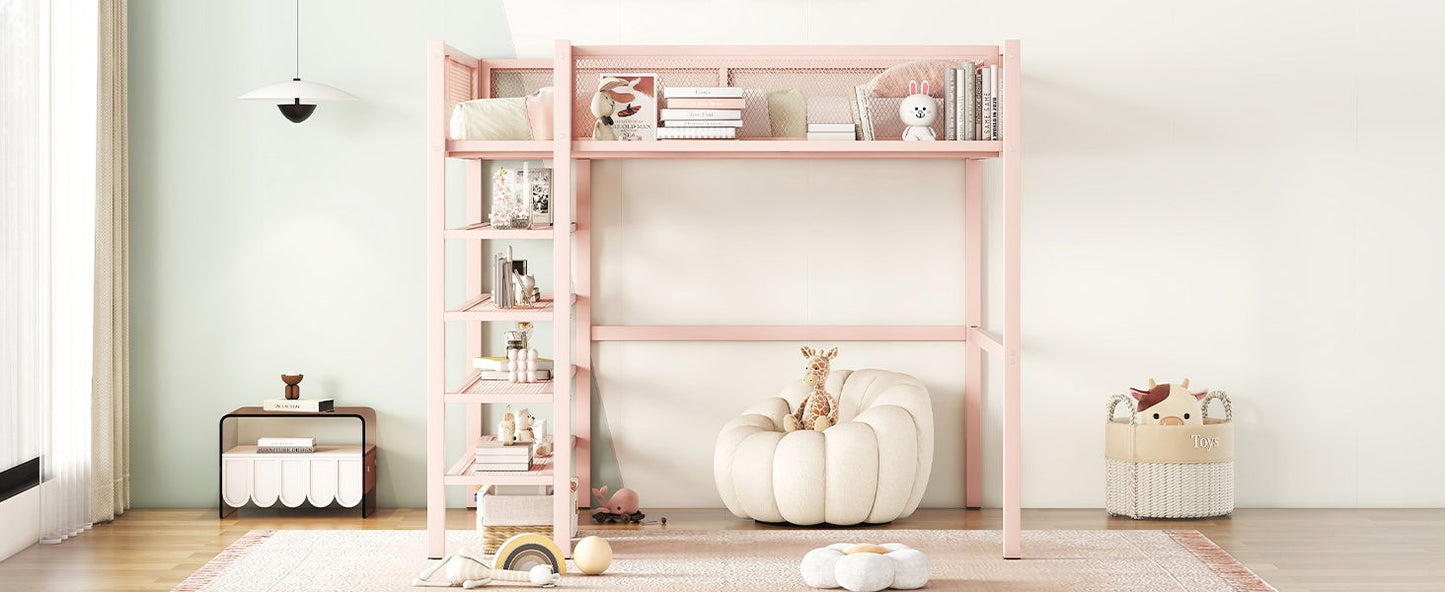 Full Size Loft Bed With 4 Tier Shelves And Storage - Pink