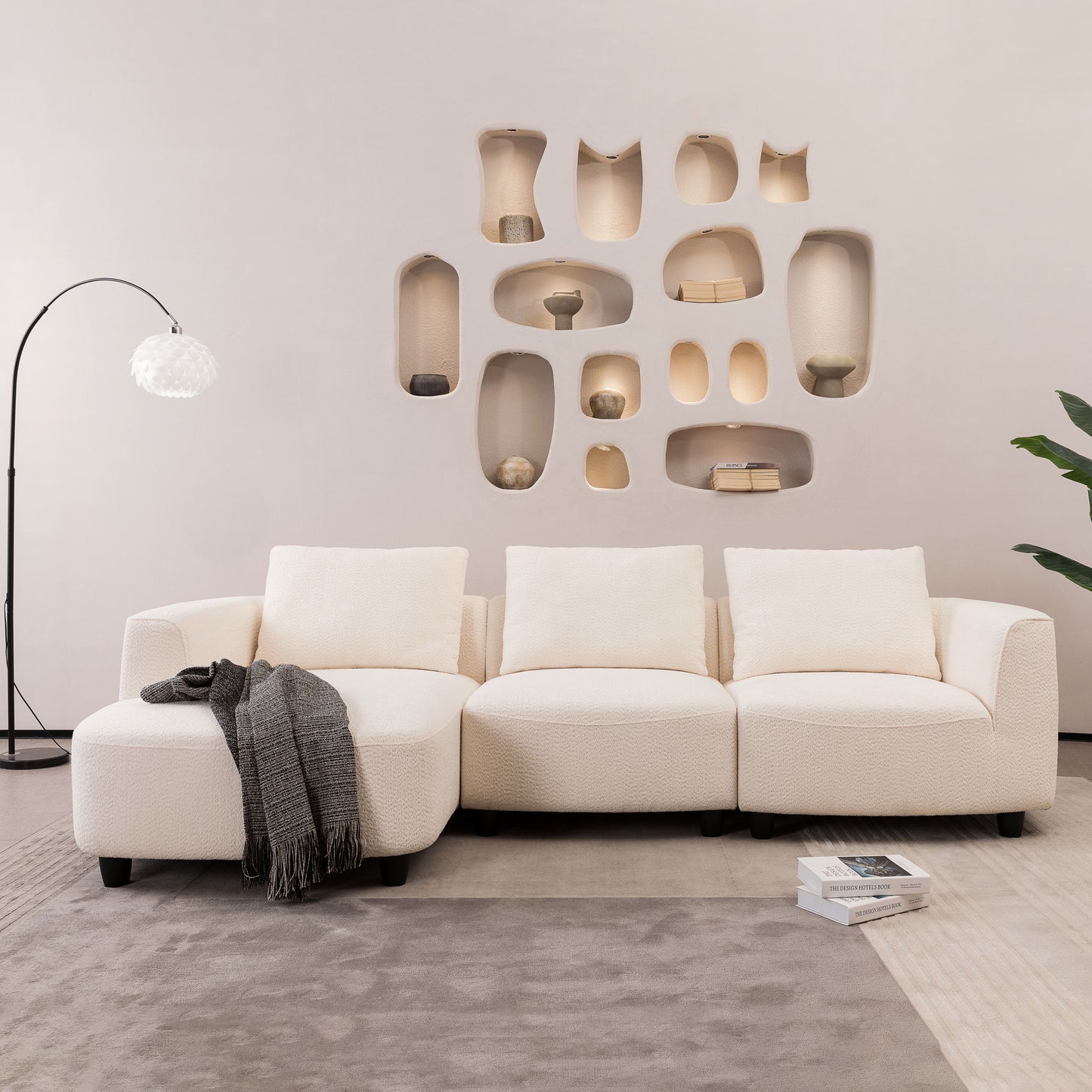 Mid - Century Modern Three Seater Sofa With Upholstered Footstool Fabric For Living Room Or Bedroom - Beige
