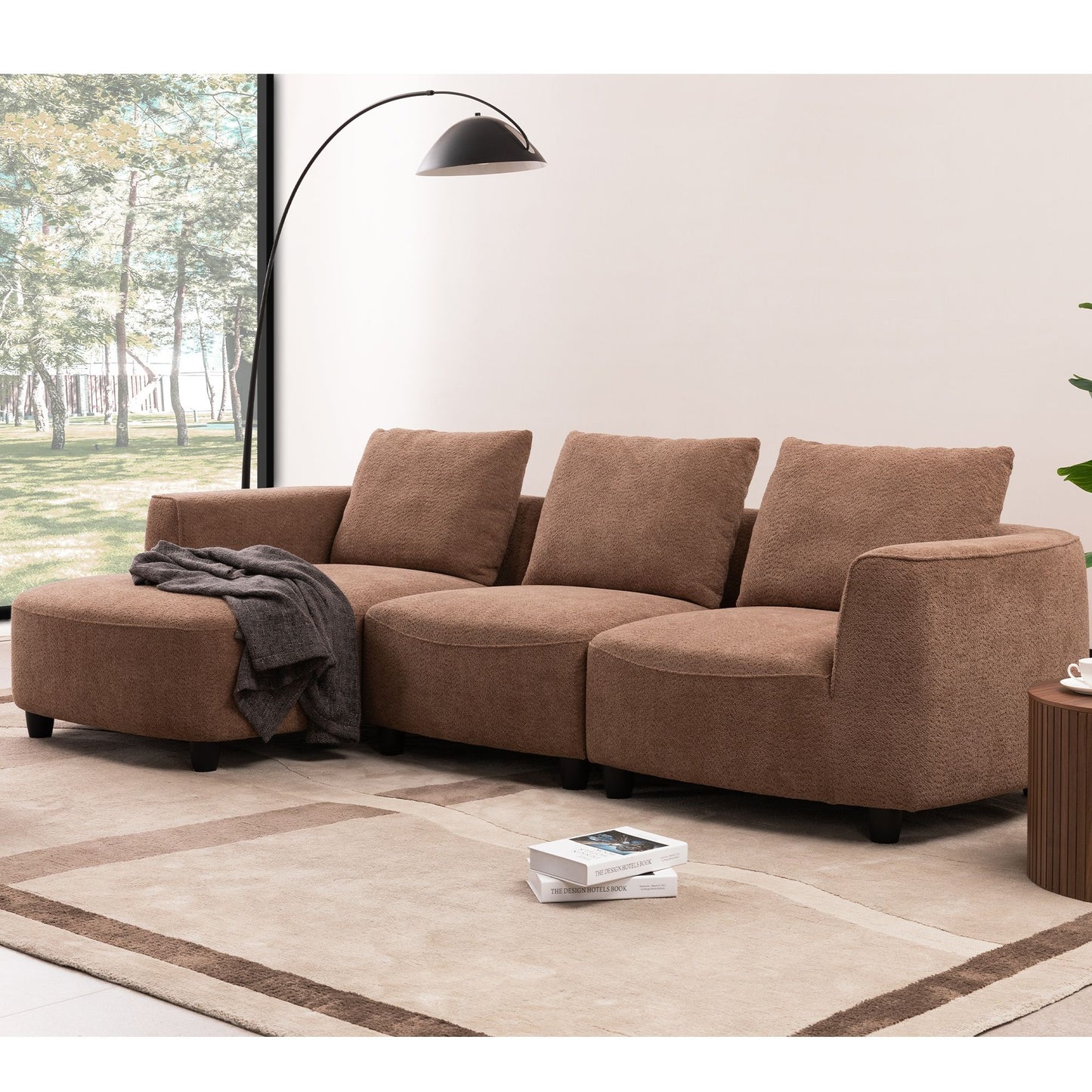 Mid - Century Modern Three Seater Sofa, Lamb Wool Fabric - Camel