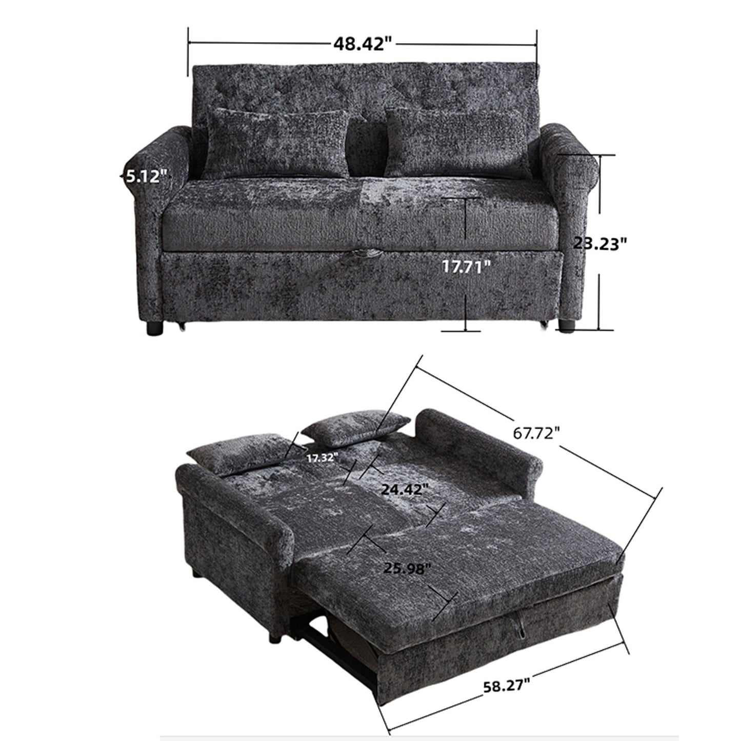 3 In 1 Loveseat Sofa Bed Chenille Fabric Pull Out Couch Sleeper Full Back Frame, Seat Frame, Armrests & 2 Pillows - Dark Gray