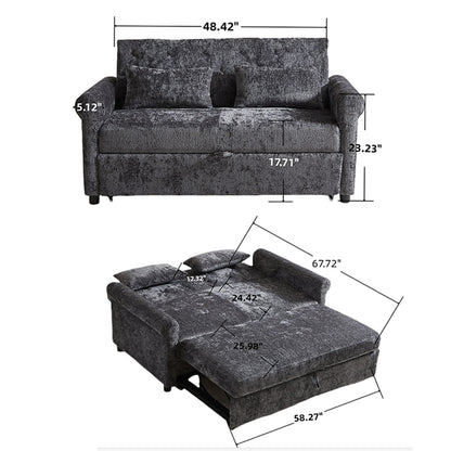 3 In 1 Loveseat Sofa Bed Chenille Fabric Pull Out Couch Sleeper Full Back Frame, Seat Frame, Armrests & 2 Pillows - Dark Gray