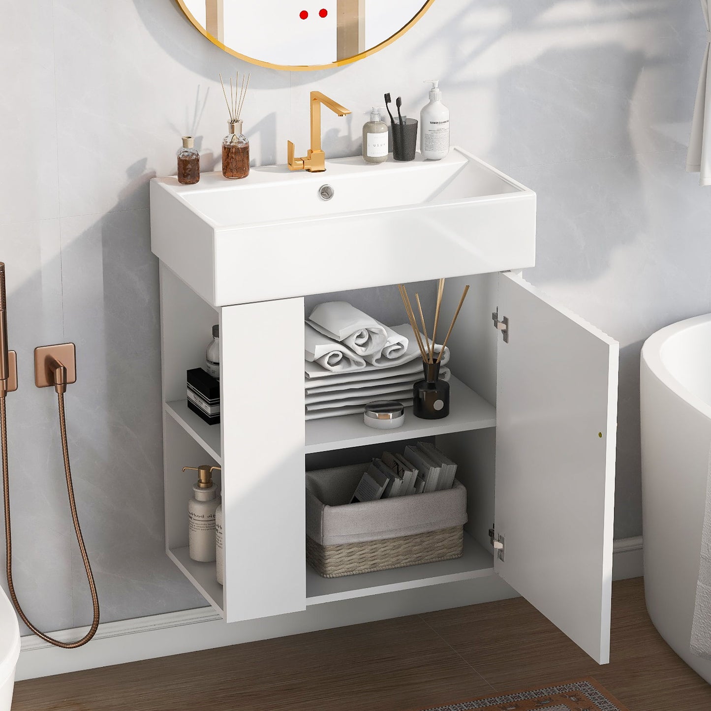 Modern Floating Bathroom Vanity With Ceramic Basin Perfect For Small Bathrooms, Left Side Storage - White