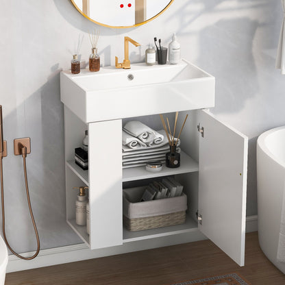 Modern Floating Bathroom Vanity With Ceramic Basin Perfect For Small Bathrooms, Left Side Storage - White