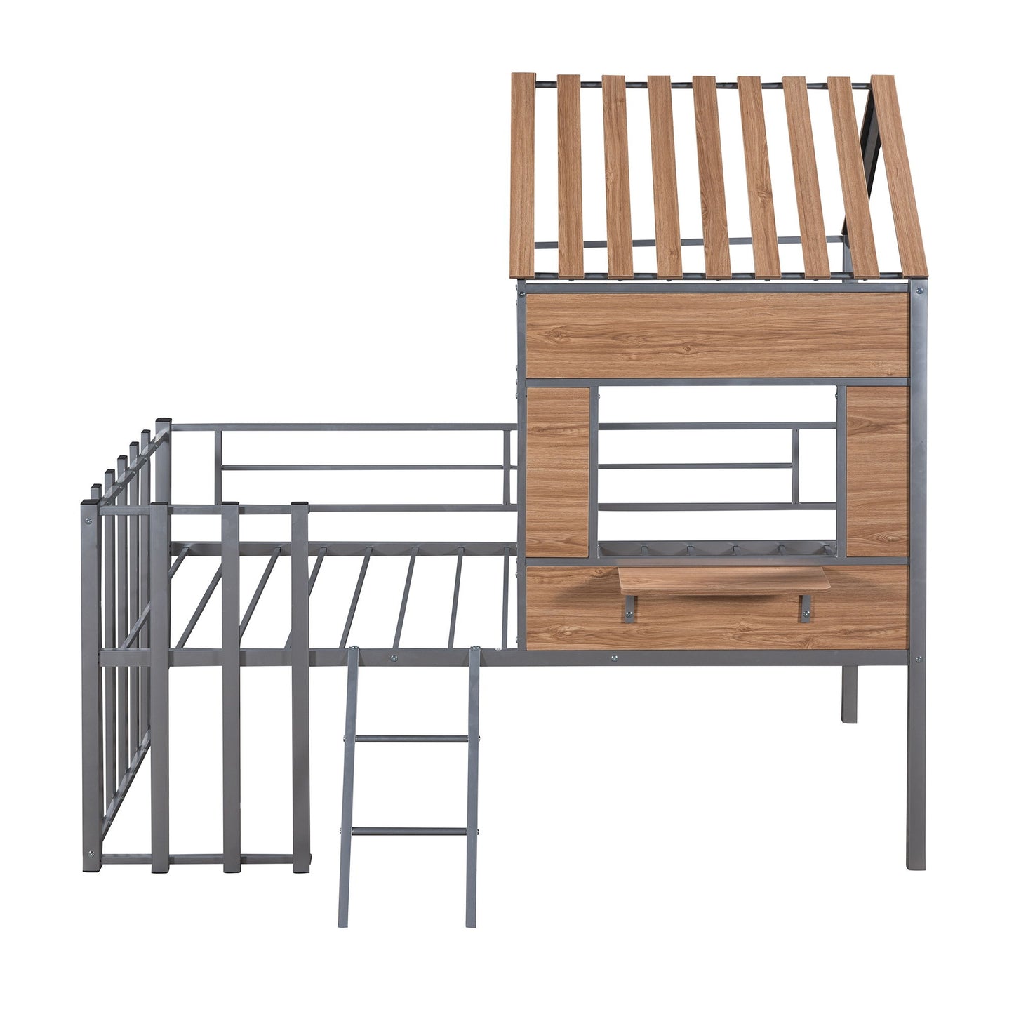 Twin Size Loft Bed With Roof, Window, Guardrail, Ladder - Silver
