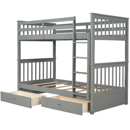 Twin Over Twin Bunk Bed With Ladders And 2 Storage Drawers - Gray