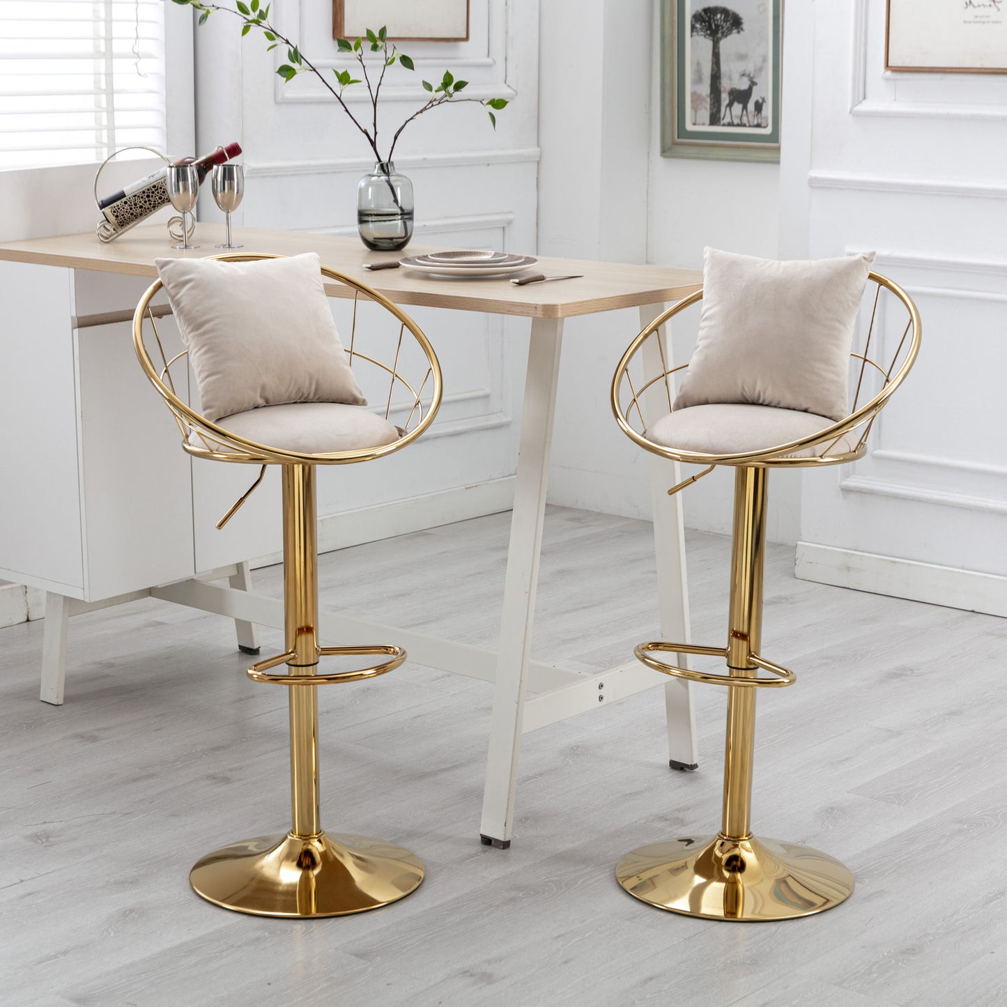 Velvet Bar Chair, Pure Gold Plated, Unique Design, 360 Degree Rotation, Adjustable Height, Suitable For Dining Room And Bar, (Set of 2) - Off White