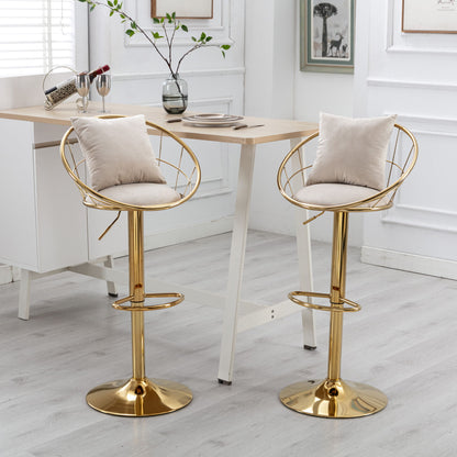 Velvet Bar Chair, Pure Gold Plated, Unique Design, 360 Degree Rotation, Adjustable Height, Suitable For Dining Room And Bar, (Set of 2) - Off White