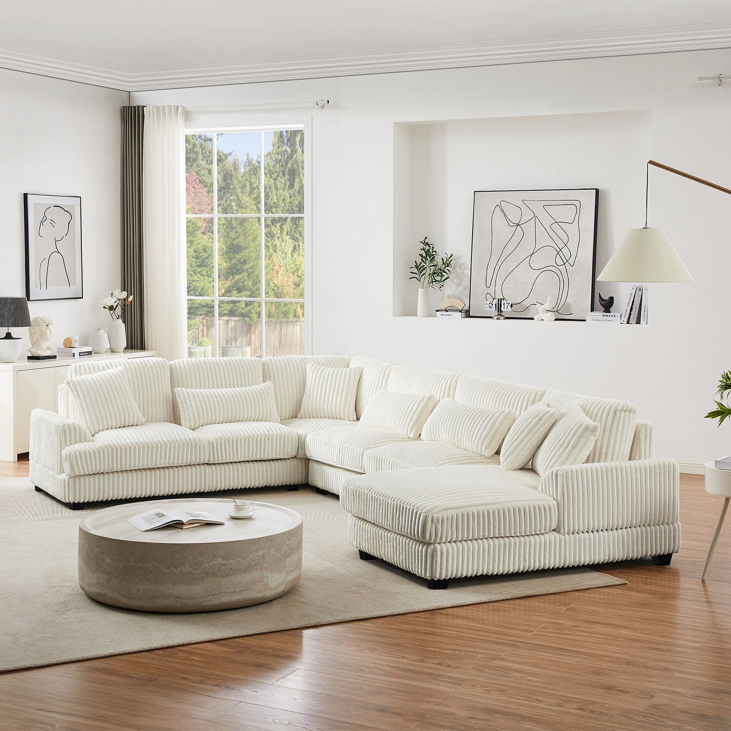 Oversized Sectional Sofa U - Shaped Sofa Couch Modern Sofa Upholstered In Soft Corduroy With A Chaise Lounge For Living Room - Beige